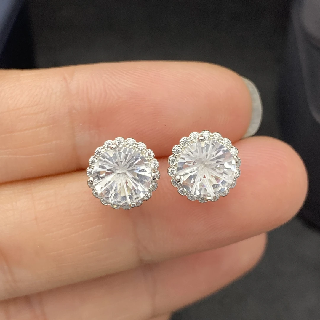 烟花切工天然白水晶耳钉通体S925银白色经典百搭