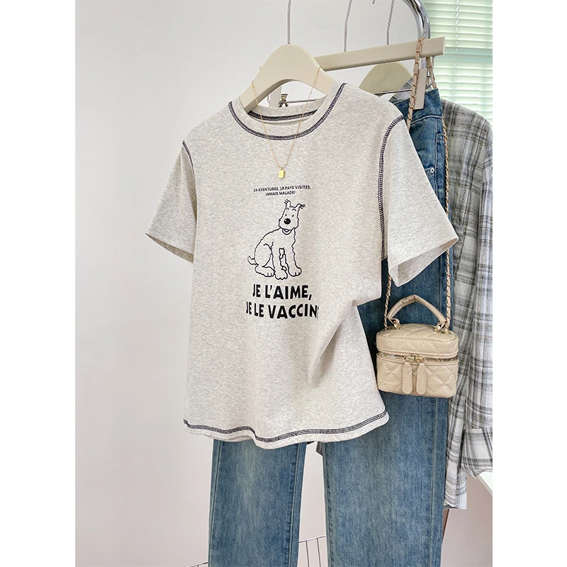 2025新款设计感独特别致上衣明线卡通小狗印花圆领短袖正肩T恤女