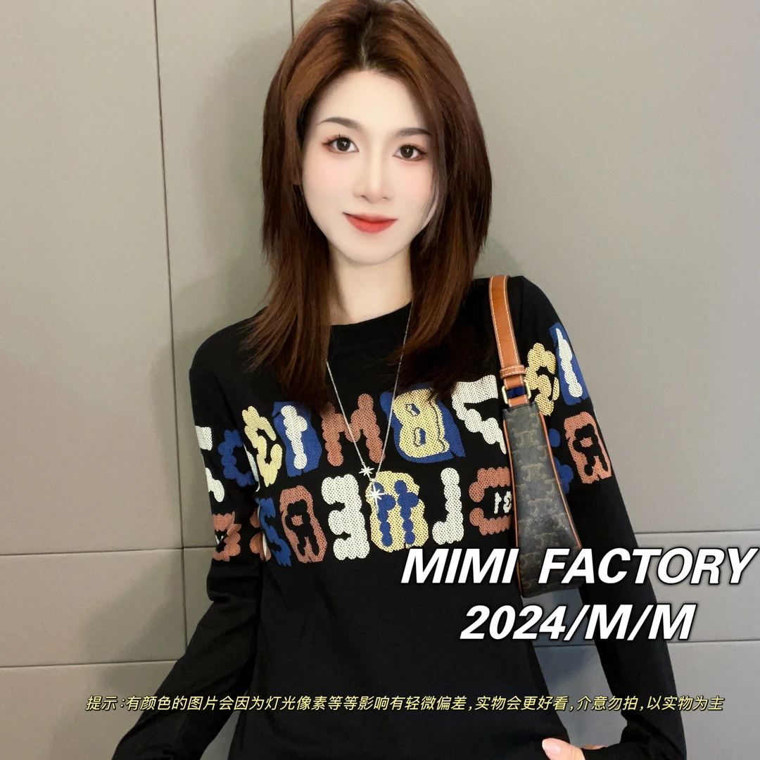 芈芈-2025新款长袖 连肩字母长袖T恤女修身显瘦休闲时尚百搭XCTQ