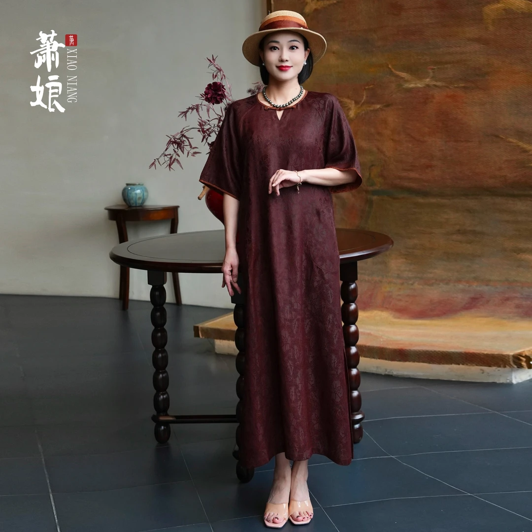 萧娘【意欢】四经绞罗红云纱连衣裙新中式圆领女裙桑蚕丝长裙2643