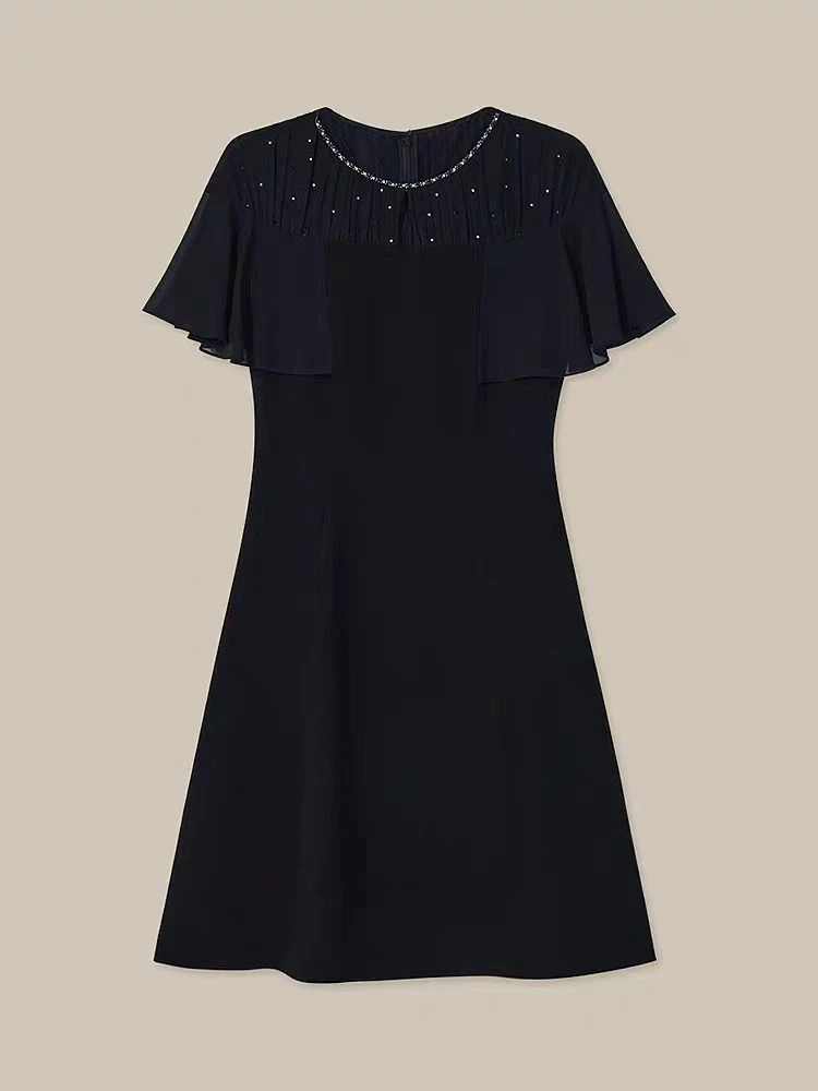 GD 01862新款经典黑色连肩袖钉珠连衣裙