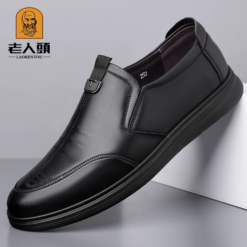 老人头皮鞋春季新款真皮商务皮鞋男士开车软底一脚蹬休闲爸爸鞋