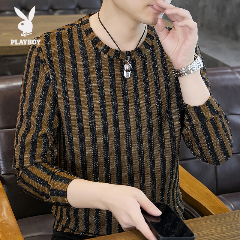 花花公子个性圆领条纹卫衣男秋冬新款重磅加厚打底衫美式轻奢上衣