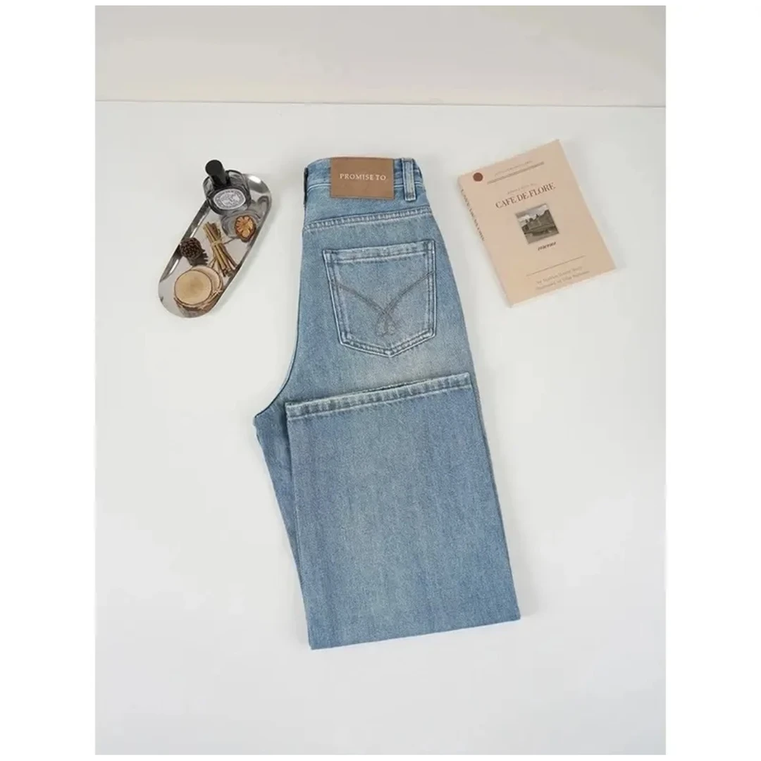 【现货+腰带】春款复古蓝窄版阔腿无弹五层高腰牛仔垂坠直筒裤