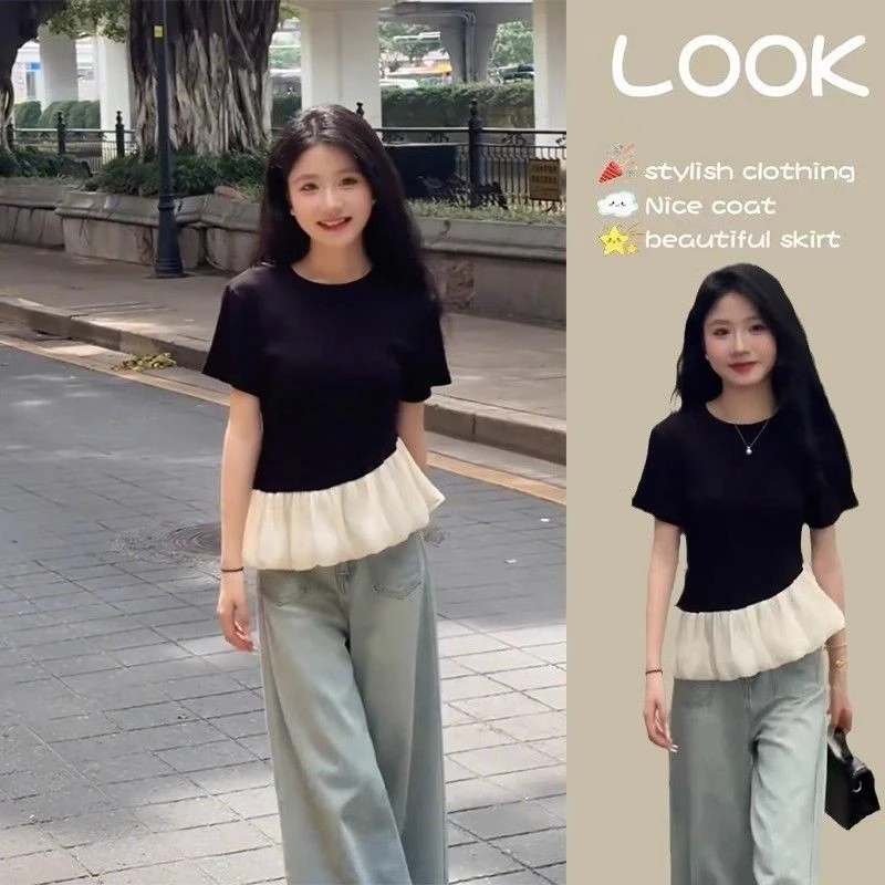 2024设计法式2024蓬蓬两件拼接短袖新款荷叶夏季修身显瘦T恤上衣