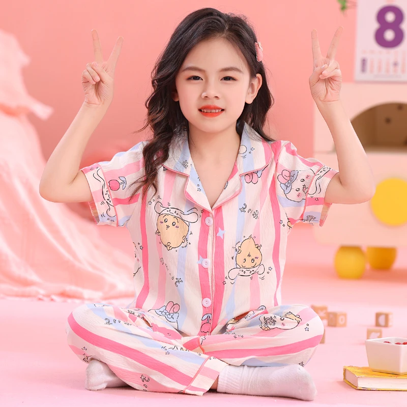 儿童睡衣春夏季短袖长裤薄款空气棉女童女孩中大童学生家居服套装