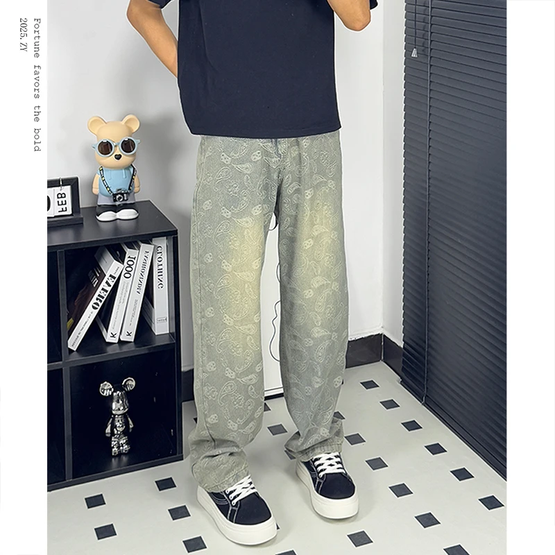 美式设计感牛仔裤男夏季新款腰果花百搭直筒裤高端宽松情侣长裤