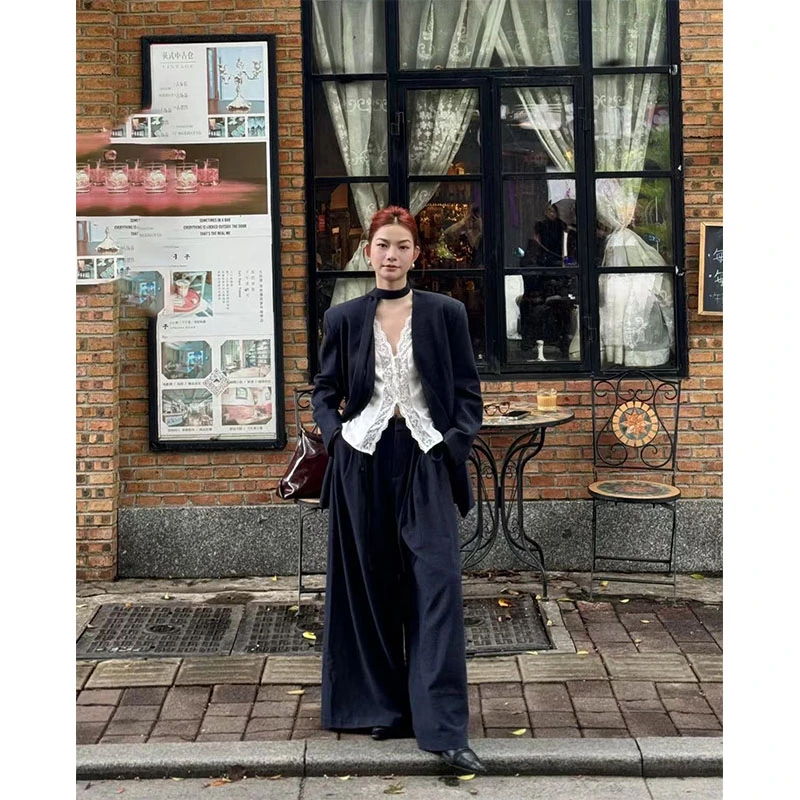 韩系高级感内搭蕾丝背心上衣宽松长袖西装外套高腰直筒休闲阔腿裤