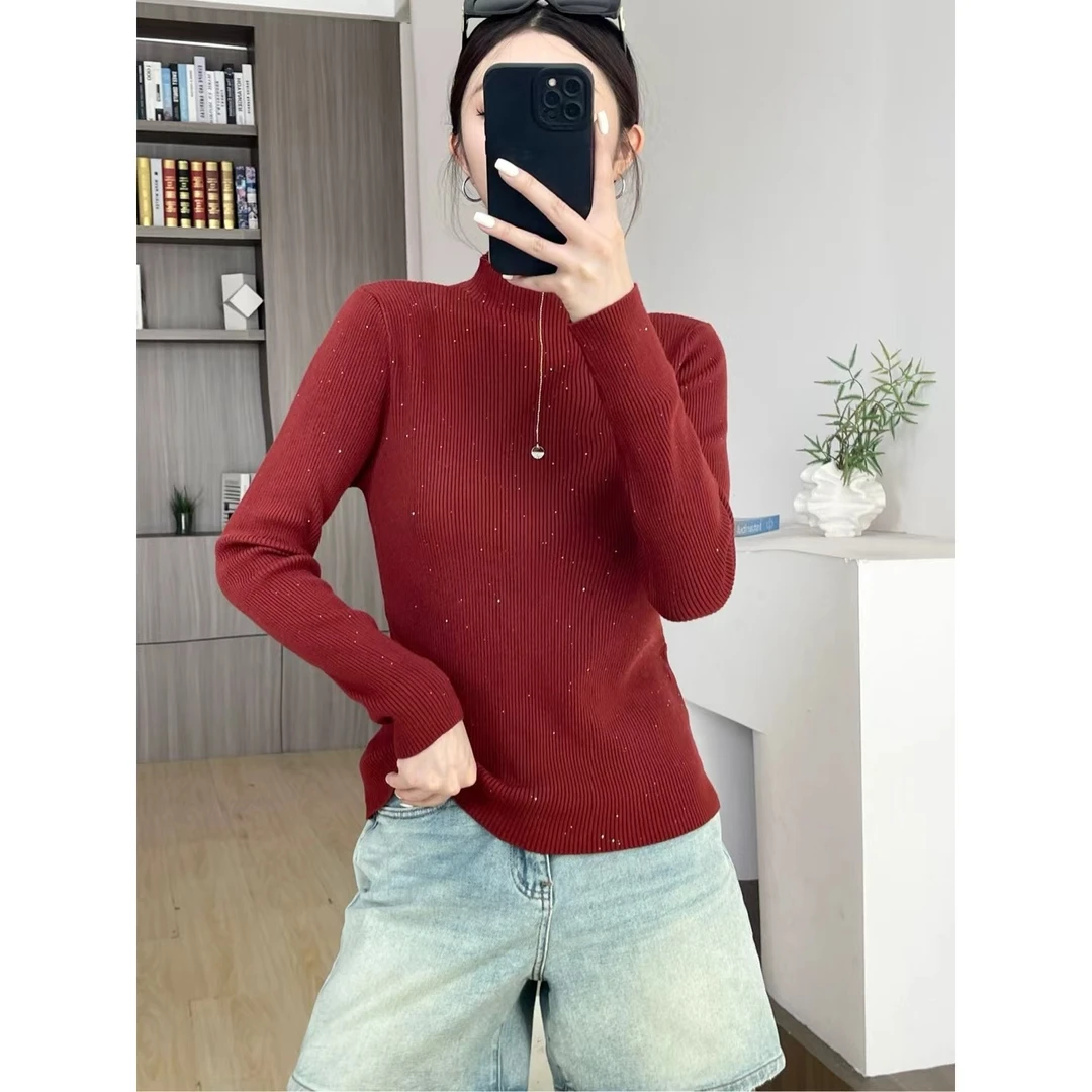 冬季新款半高领半拉链装饰设计修身显瘦百搭时尚秋冬打底衫W005#