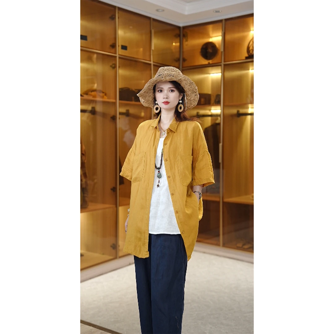 【100亚麻】衬衣女性通勤休闲风薄款上衣纯色大码衬衫25052102