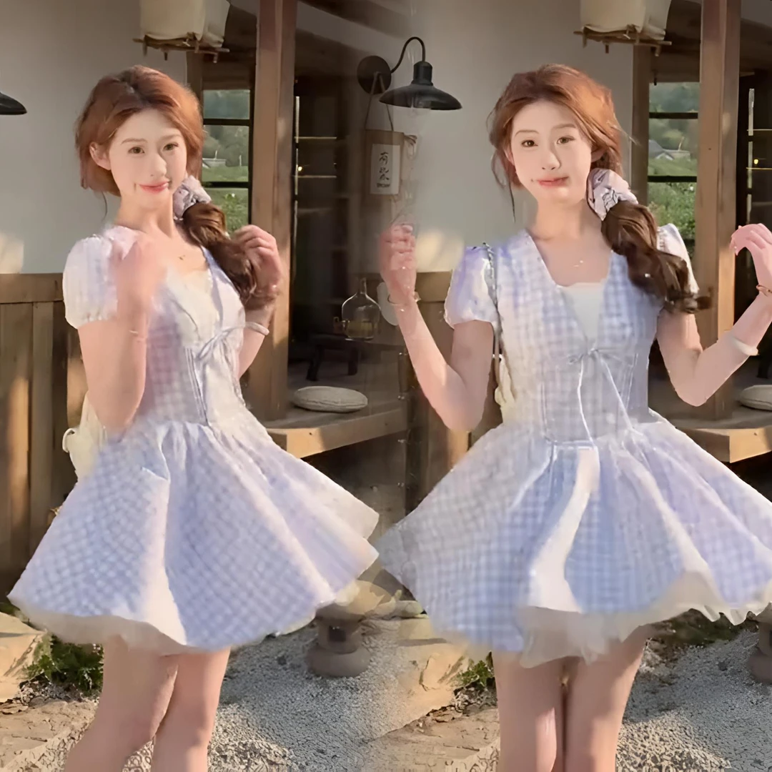 盛夏告白小个子显瘦蝴蝶结绑带V领连衣裙夏季新款收腰高腰短裙子