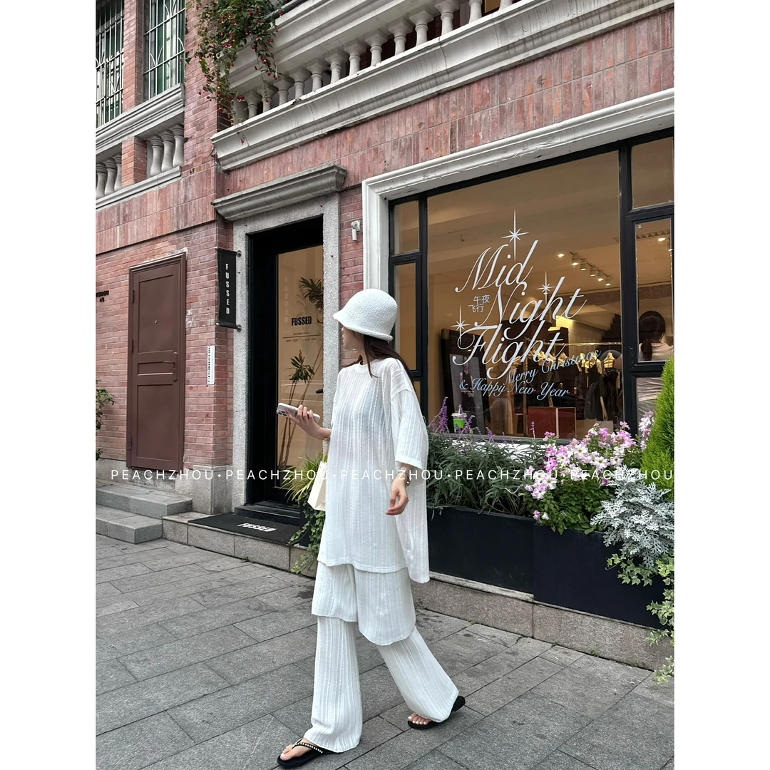 『PEACHZHOU』肌理感针织镂空落肩宽松圆领短袖韩式休闲洋气罩衫T恤