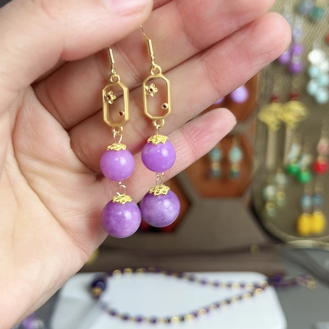 银S925镶嵌耳钉玛瑙/玉髓紫色