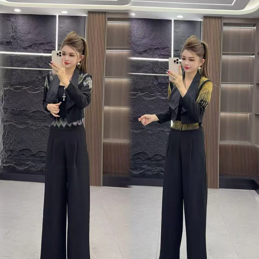 秋季1065 气质爆闪亮饰西服长袖上衣 加 高腰休闲长裤 两件套