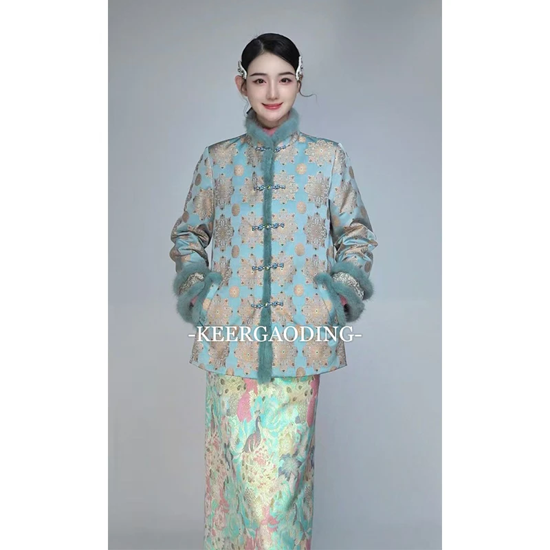 【可儿·高定】非遗宋锦高端新中式设计师款拼水貂毛棉服外套JC7252
