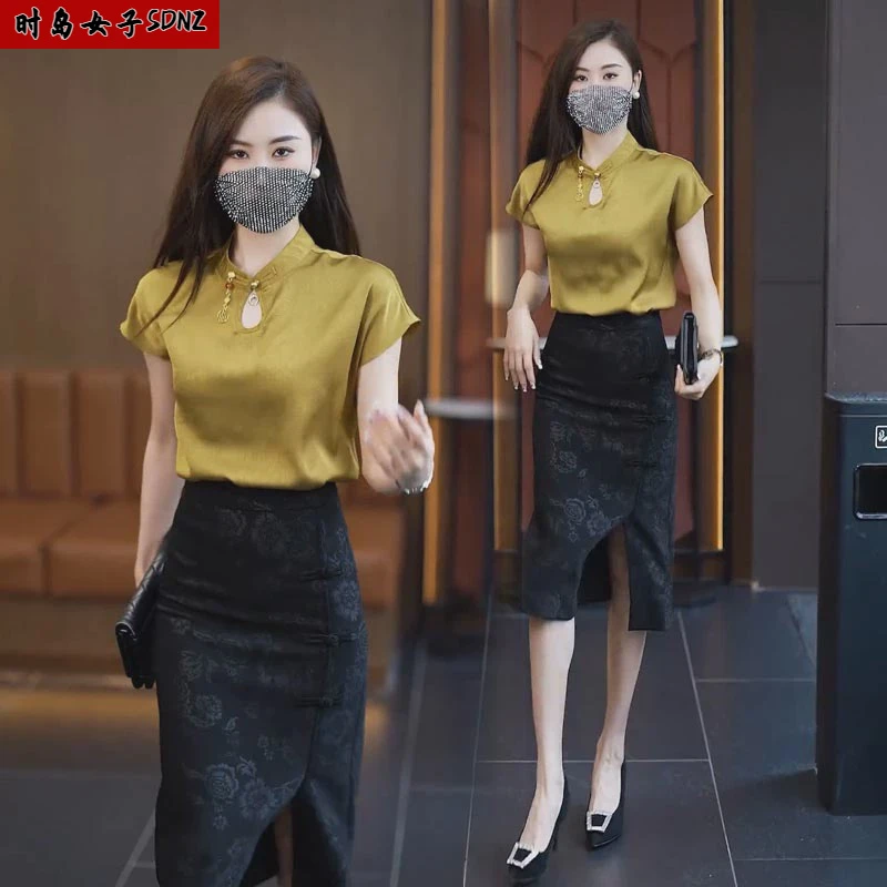 【时岛】新中式国风气质套装女夏季新款高级感冰丝衬衫+半身裙时尚