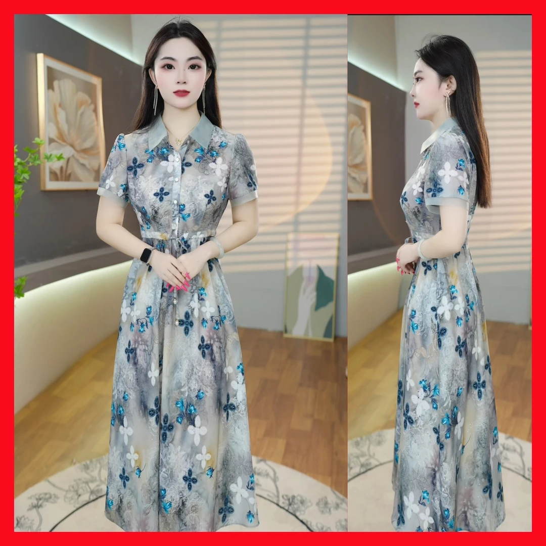 [连衣裙]A08夏季新款优雅时尚连衣裙女气质印花遮肉显瘦中长款裙