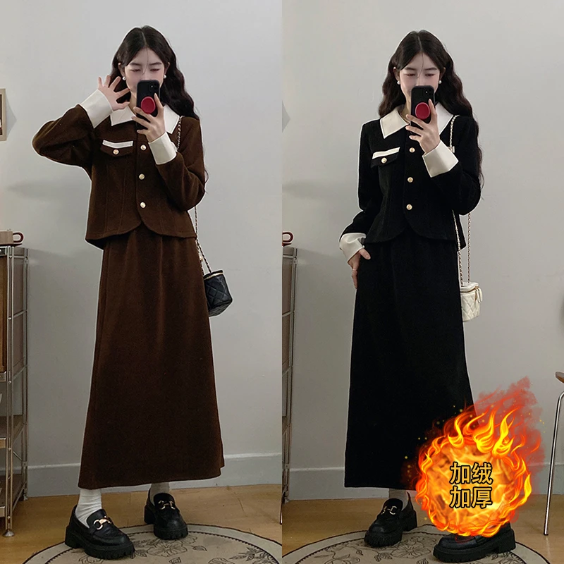 胖mm大码秋冬赫本风复古加绒加厚拼皮上衣外套半身裙套装20848