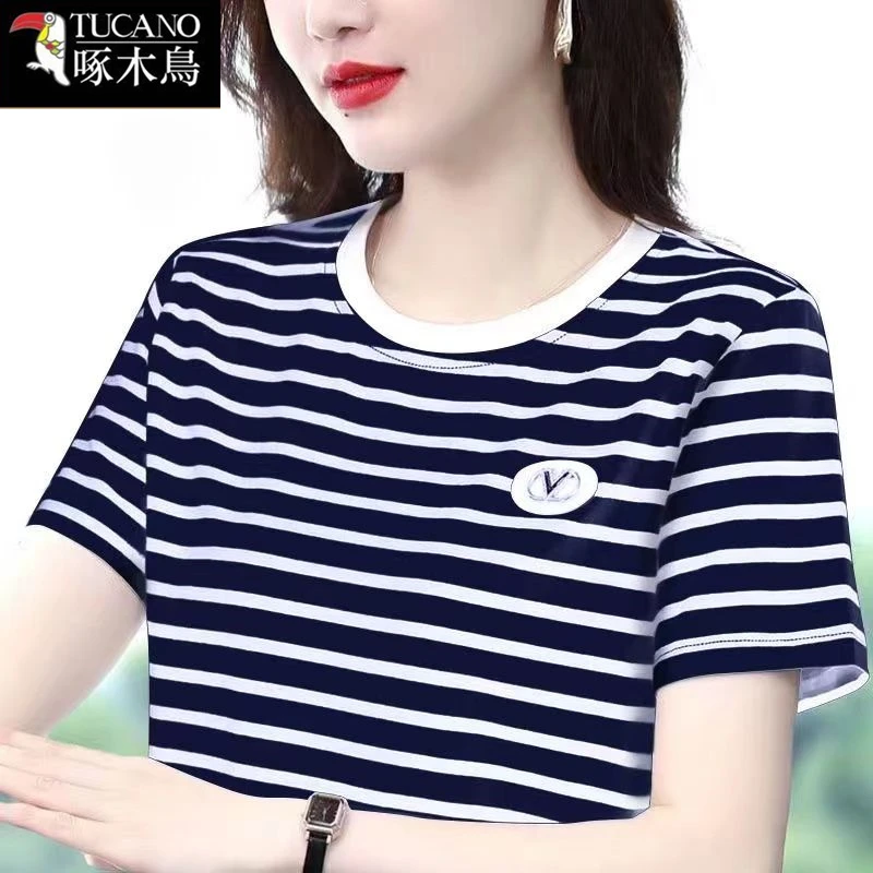 啄木鸟正品圆领条纹撞色短袖t恤2025年夏季宽松女士减龄百搭上衣