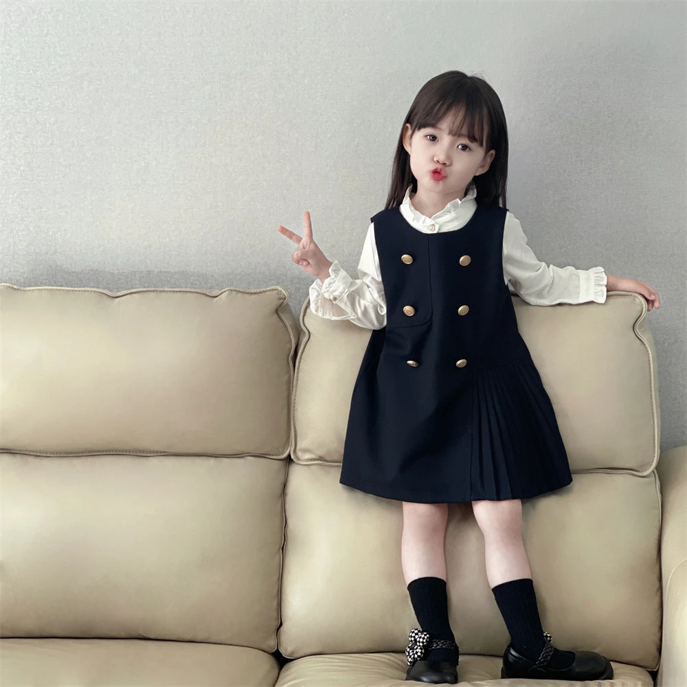 2025秋装新款童装女童学院风连衣裙韩版中小童洋气衬衫裙子两件套