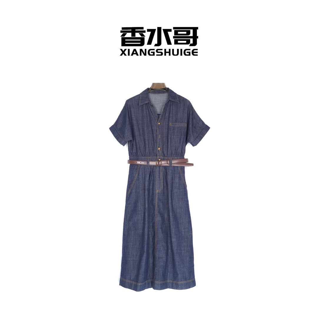 时尚夏季休闲衬衫裙2025新品女士休闲复古收腰显瘦翻领牛仔连衣裙