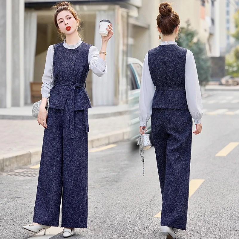 小香风马甲套装女2025新款春季轻奢高级感盐系阔腿长裤三件套爆款