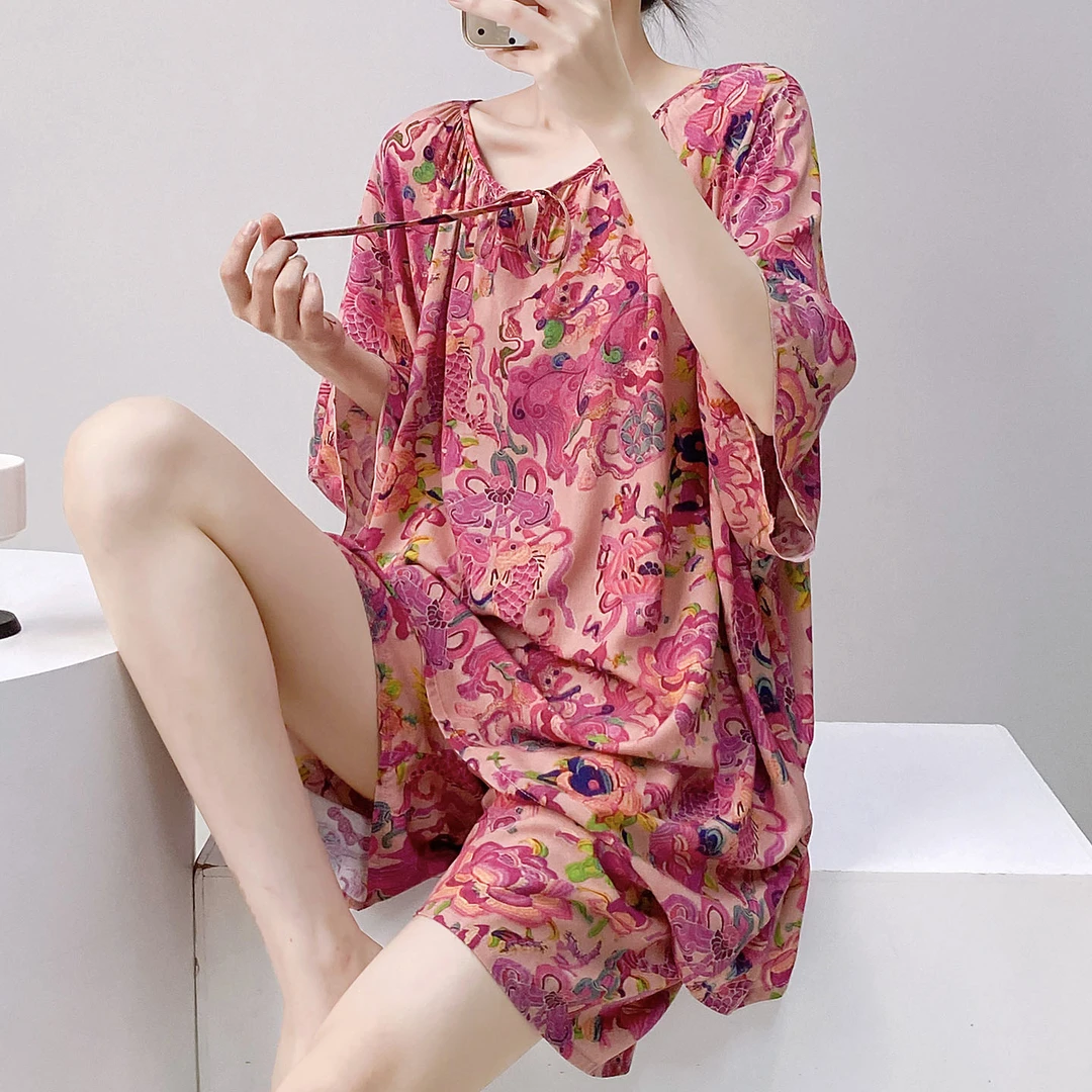 新中式国风睡衣女夏季新款高级感棉绸家居服睡衣可外穿两件套装薄