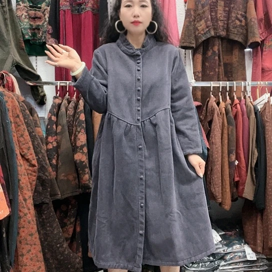 织绣招财猫灯芯绒加绒大衣灰