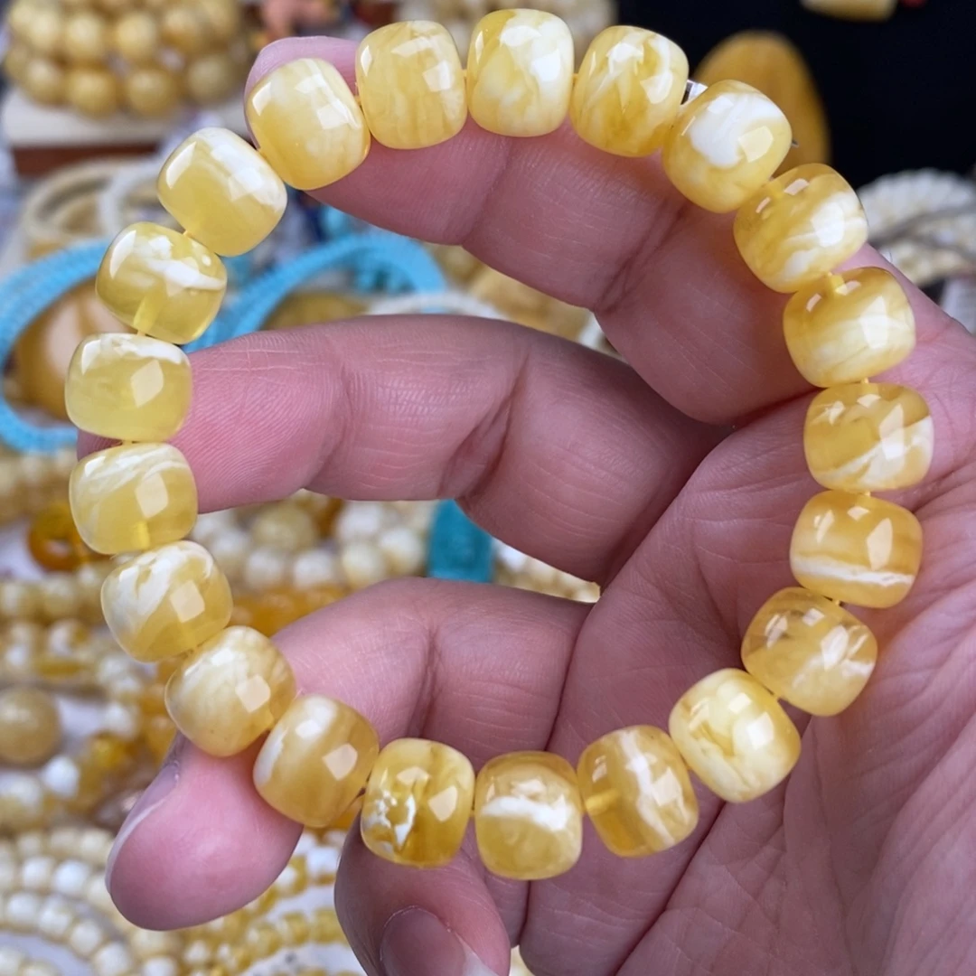 蜜蜡未镶嵌手链金瓷白细纹虎皮11.4mm