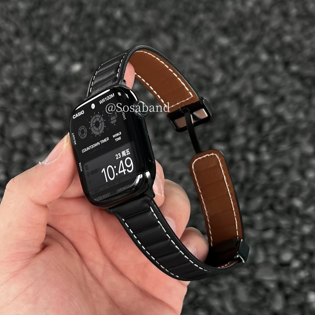 SosaBand全皮波浪纹磁吸扣适用苹果S11手表带10AppleWatchultra3i