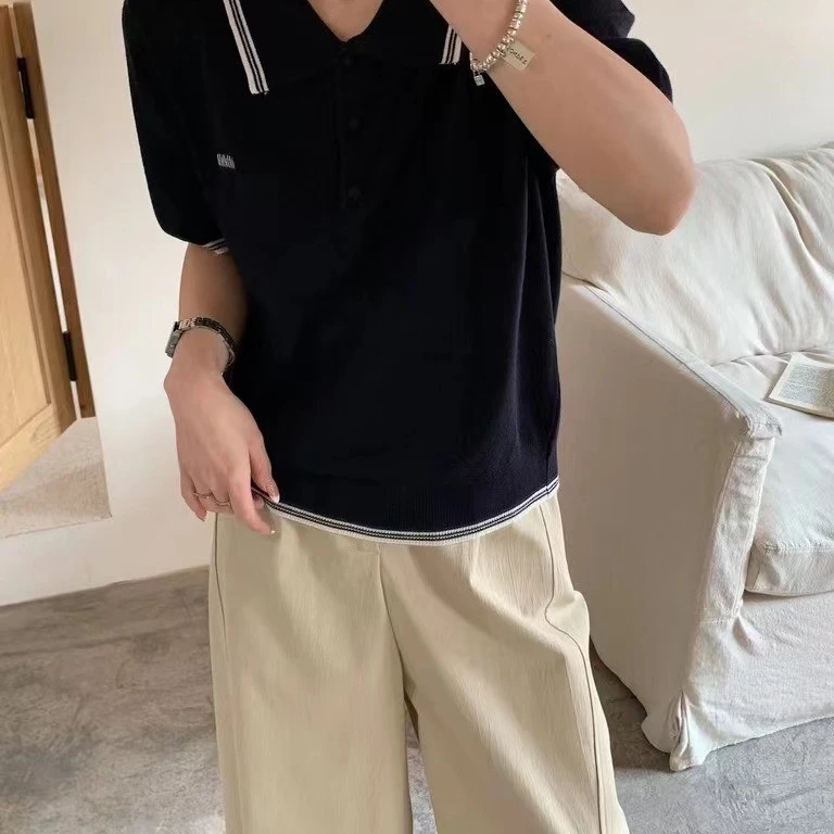 (001）设计感POLO领纯色针织短袖T恤韩系洋气百搭上衣女装
