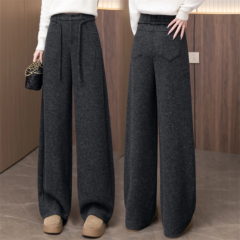 潮流羊毛呢弯刀阔腿裤女2025秋冬季新款加厚保暖大码香蕉休闲裤子