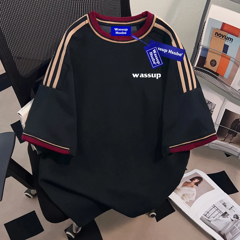 WASSUP HSUBE三条杠重磅美式短袖宽松oversize男t恤夏季圆领上衣