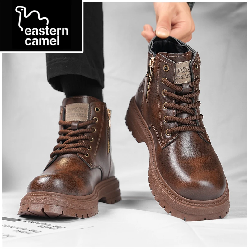 东方骆驼马丁靴男2025秋季英伦风复古中帮皮面高帮鞋侧拉链工装鞋