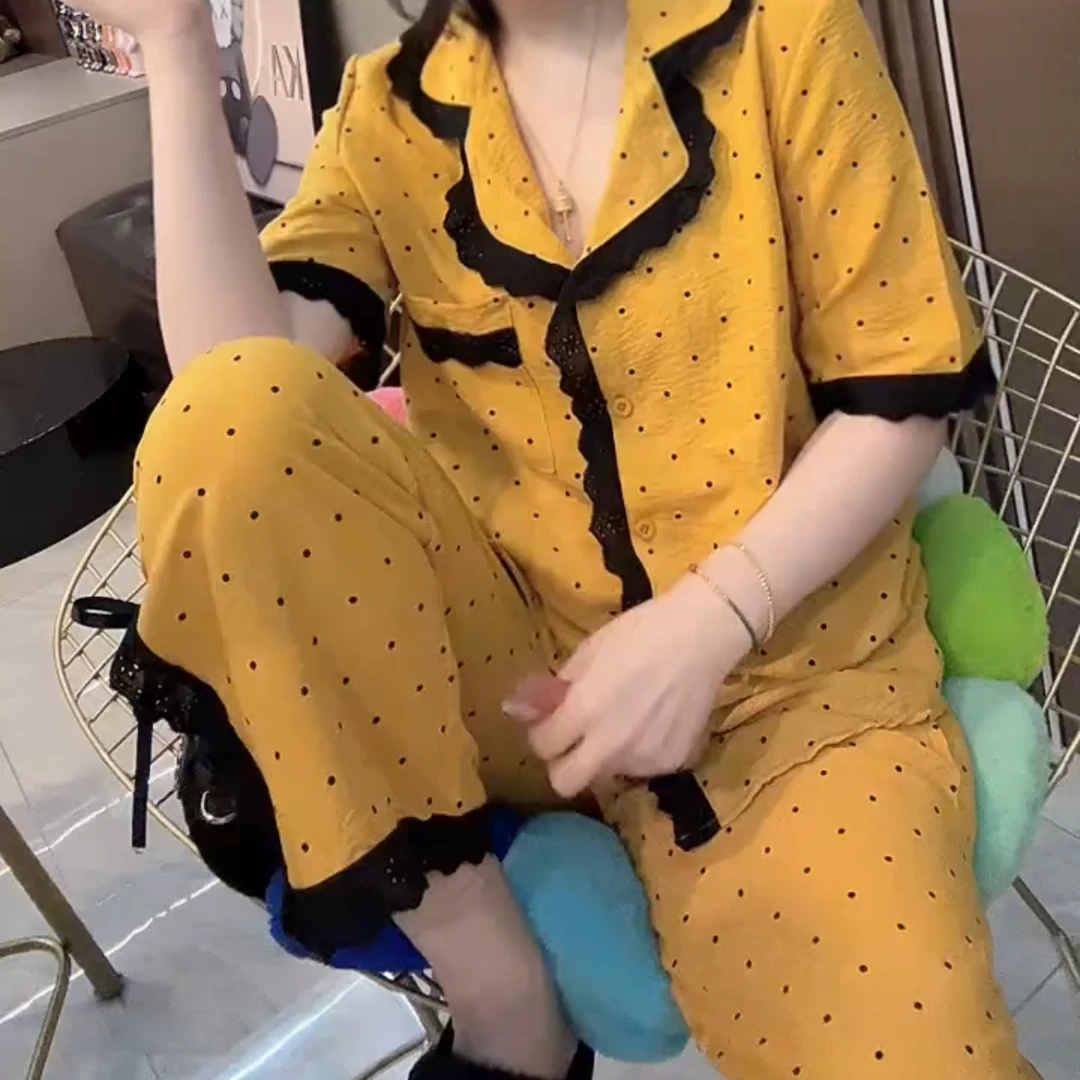 新款洋气蕾丝拼接波点宽松睡衣家居服