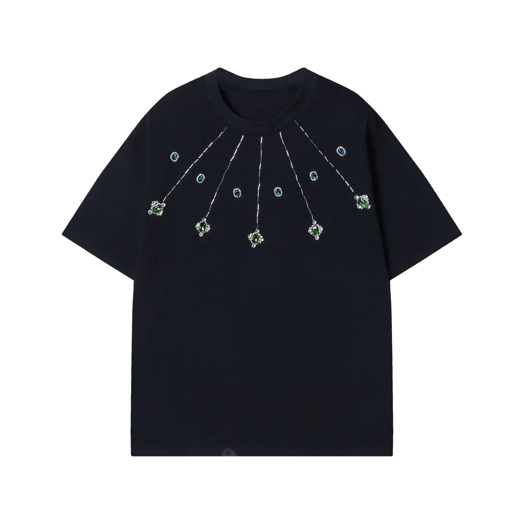 T1331新款潮流设计金属装饰烫钻男士短袖百搭宽松休闲上衣复古T恤