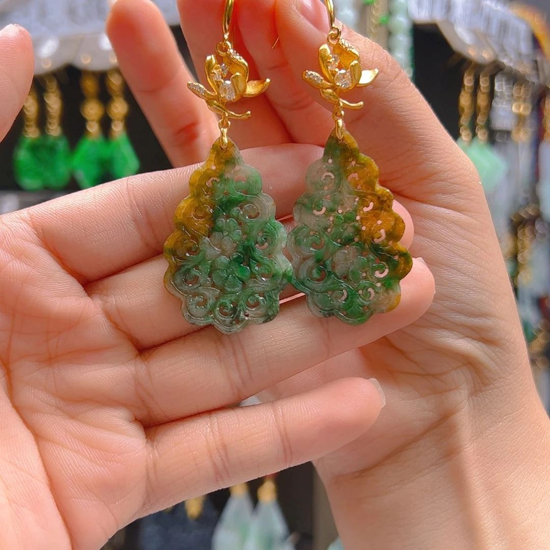 银S925镀金镶嵌翡翠耳饰旺*