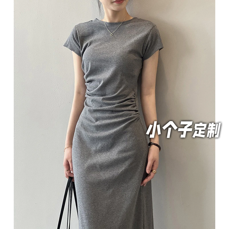 150小矮个子法式短袖T恤连衣裙女春夏褶皱显瘦修身收腰a字中长裙