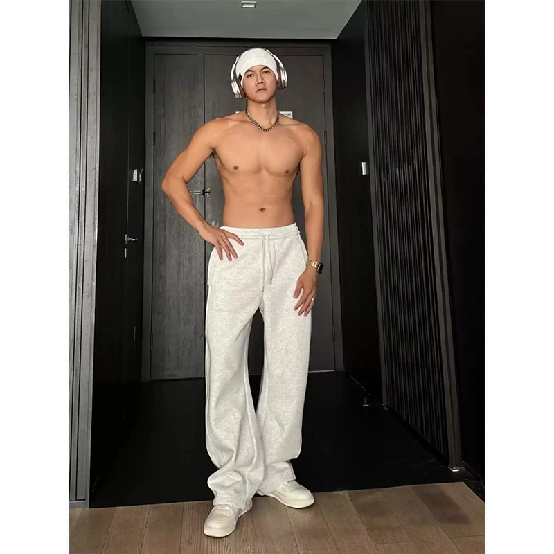 白灰色弯刀卫裤男款春秋美式Cleanfit运动阔腿裤子宽松直筒休闲裤