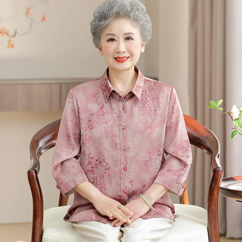 恒源祥彩羊中老年人春夏装女翻领高档衬衫60岁奶奶七分袖上衣70妈