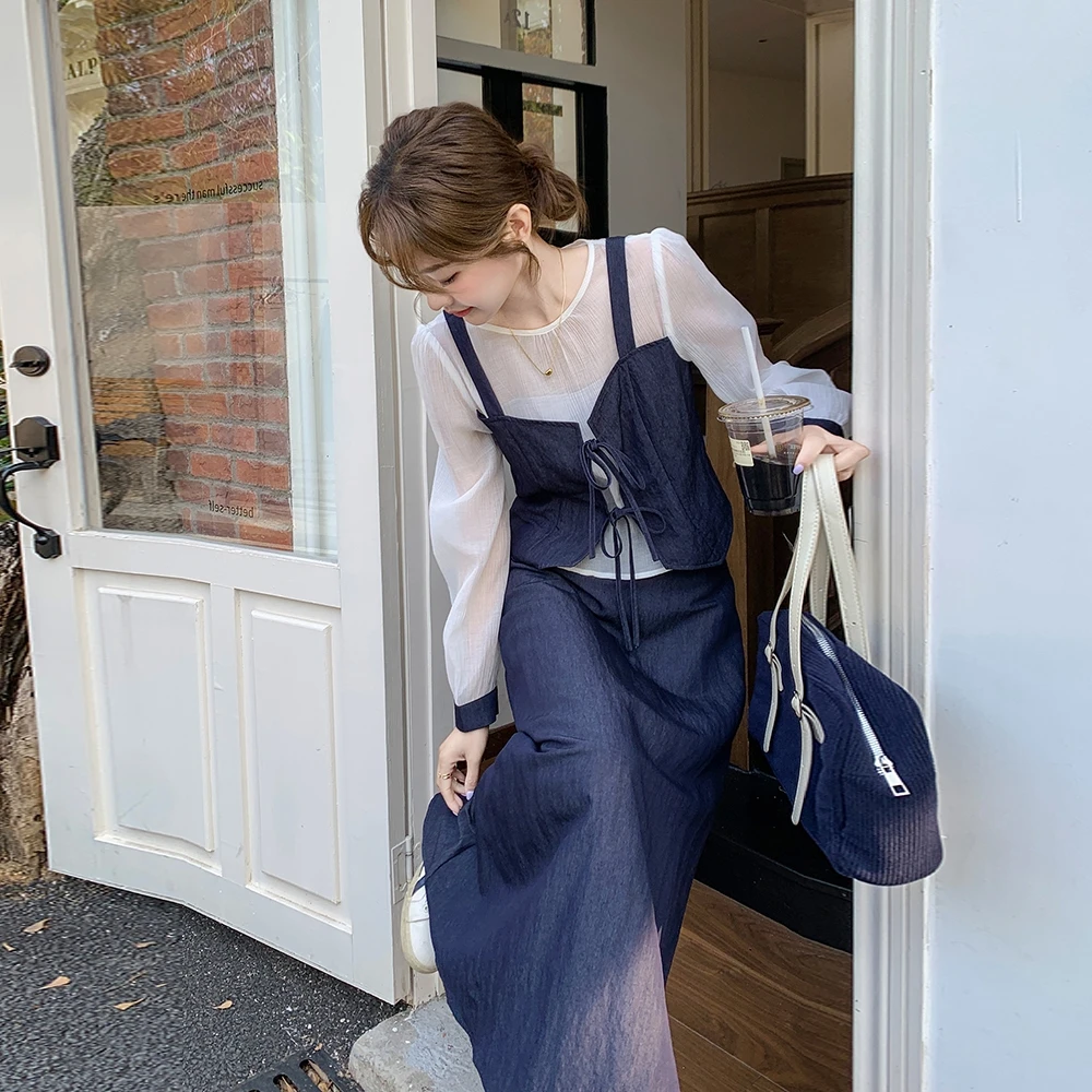 气质一整套ootd穿搭女吊带拼接假两件上衣高腰显瘦半身裙两件套
