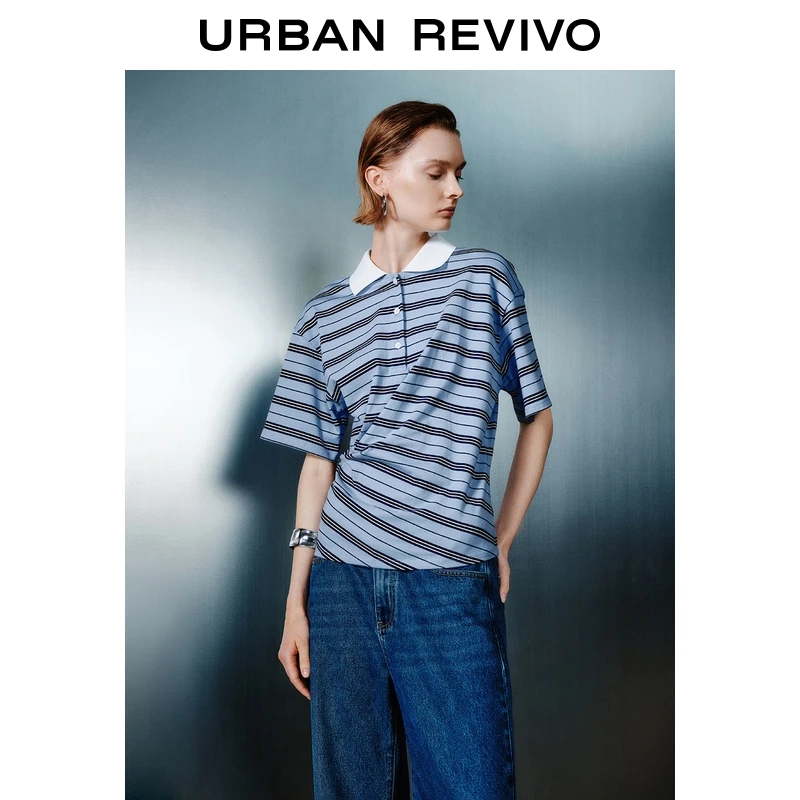 UR2025夏季新款女装撞色条纹设计感褶皱马球衫UWJ450072