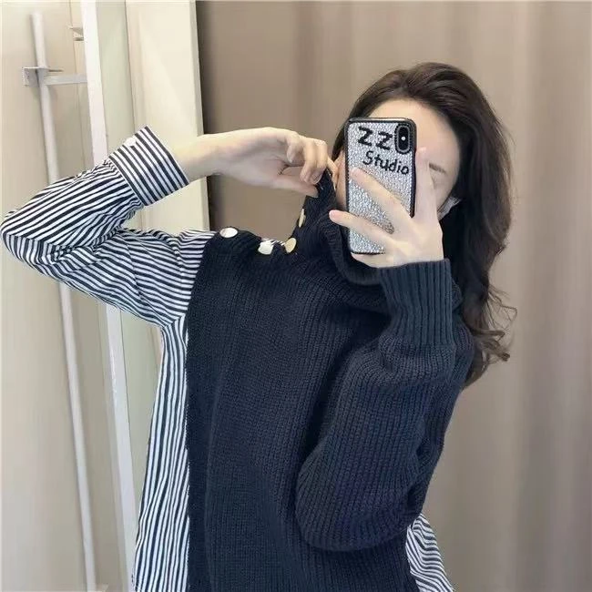 4671高领内搭侧边纽扣假两件衬衫拼接条纹泡泡袖打底毛衣