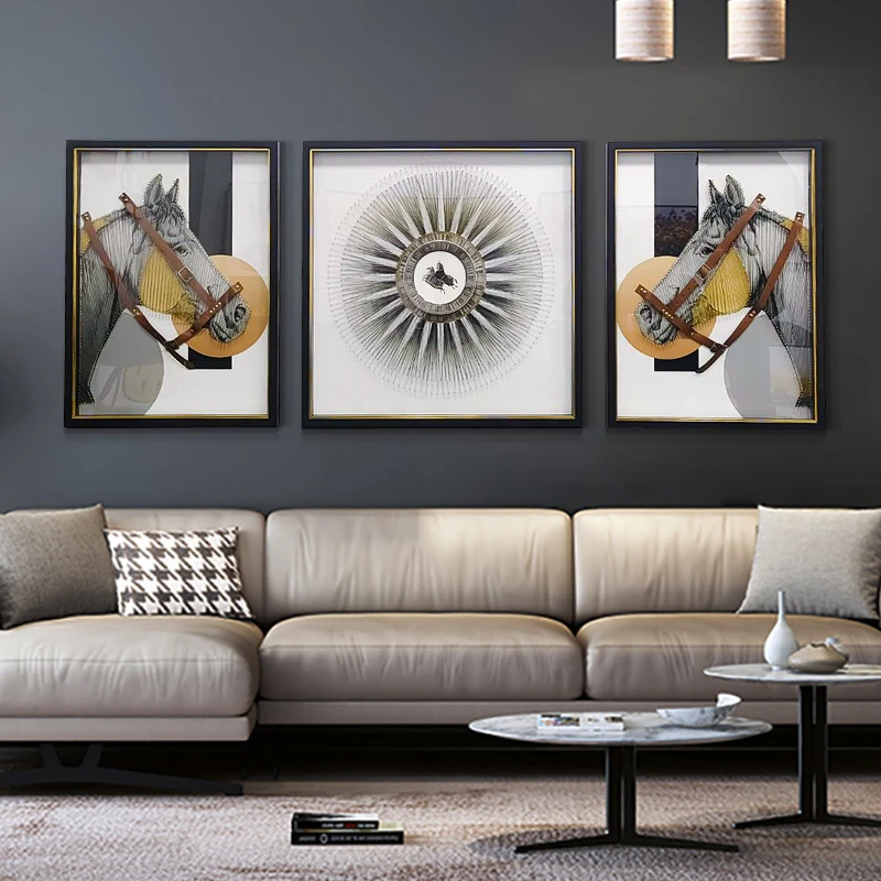 马到成功客厅立体 高端实物三联画 沙发背景墙壁画马80200