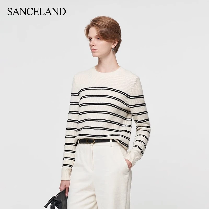 SANCELAND/三石一澜秋粗纺色织圆领条纹毛衫SH31401070