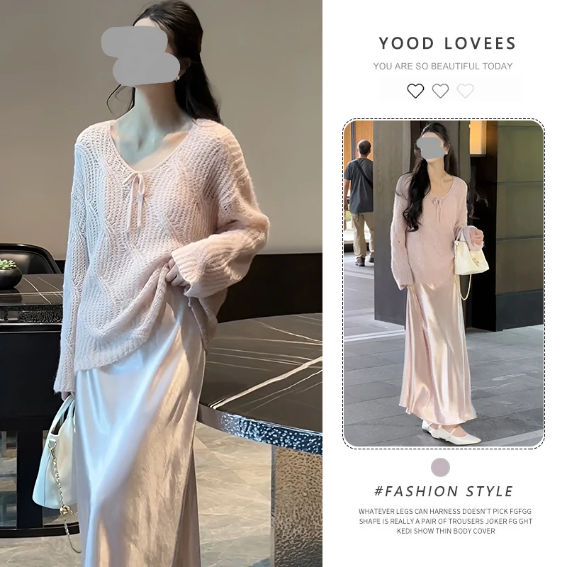 温柔风气质甜美V领系带针织衫上衣女2025春秋新款吊带长裙两件套