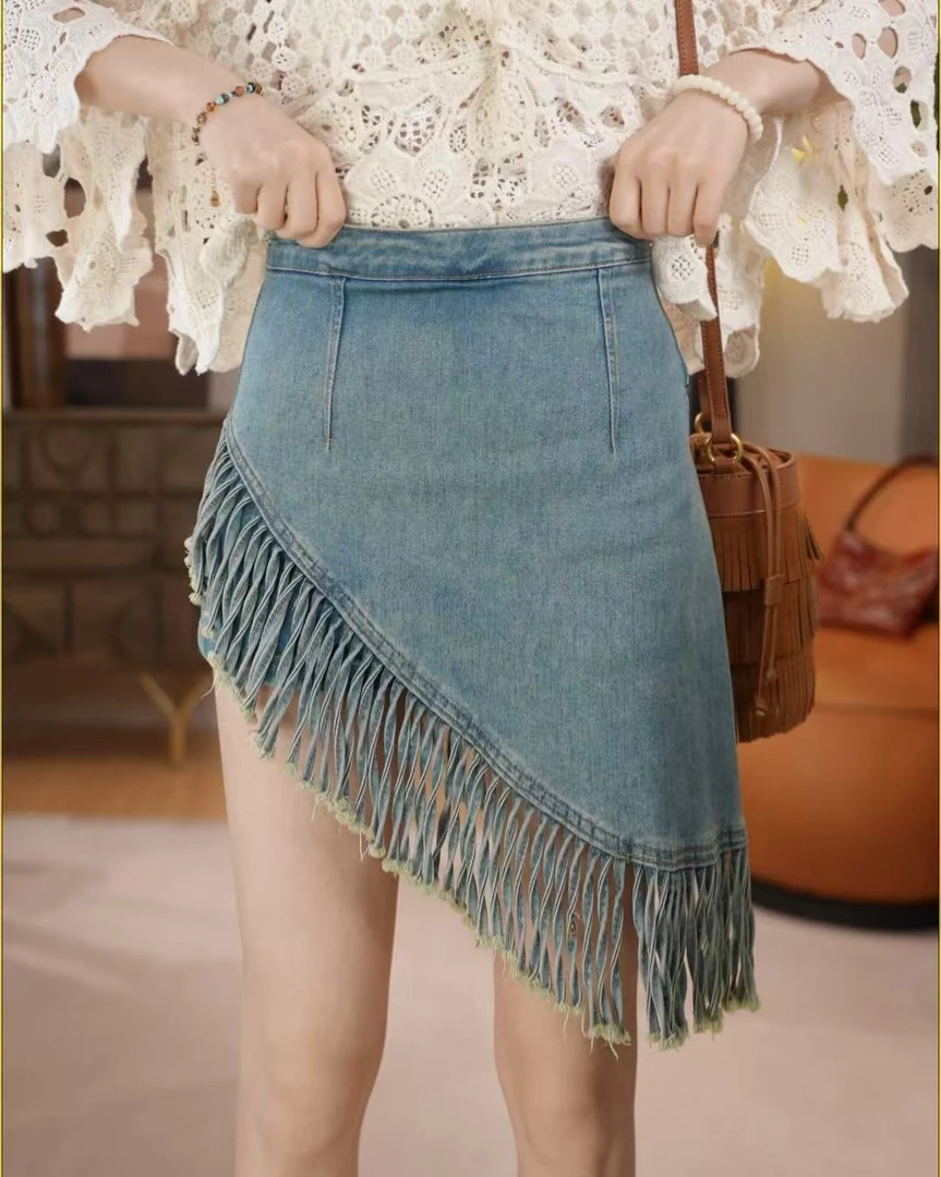 《风吹麦浪》春夏季新款女装半身裙不规则洗水牛仔裤裙显瘦时尚裤裙