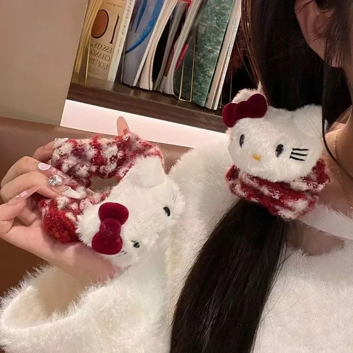 秋冬毛绒KT猫大肠发圈甜美安可拉红猫咪头绳秋冬百搭卡通马尾发