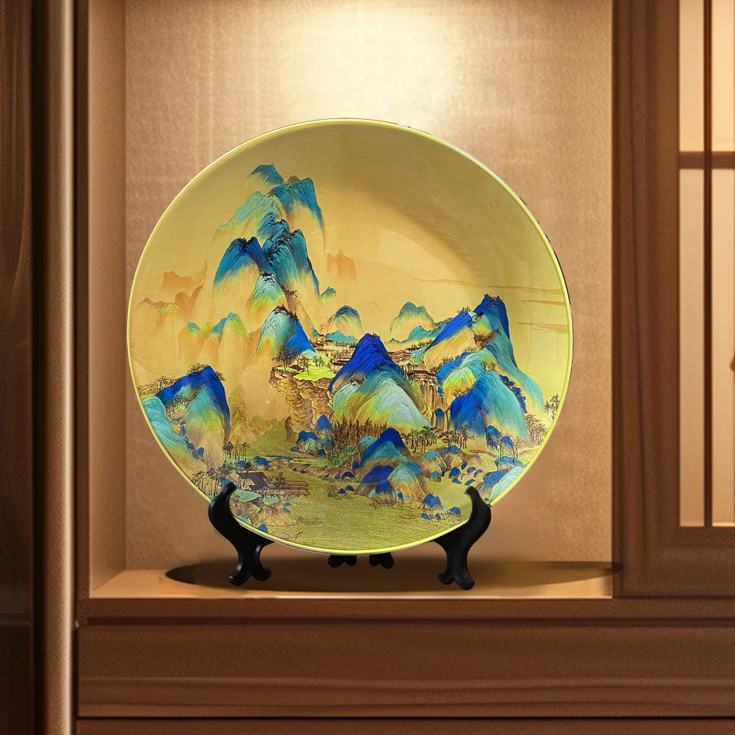 中式千里江山图赏盘客厅酒柜古摆设品装饰2525