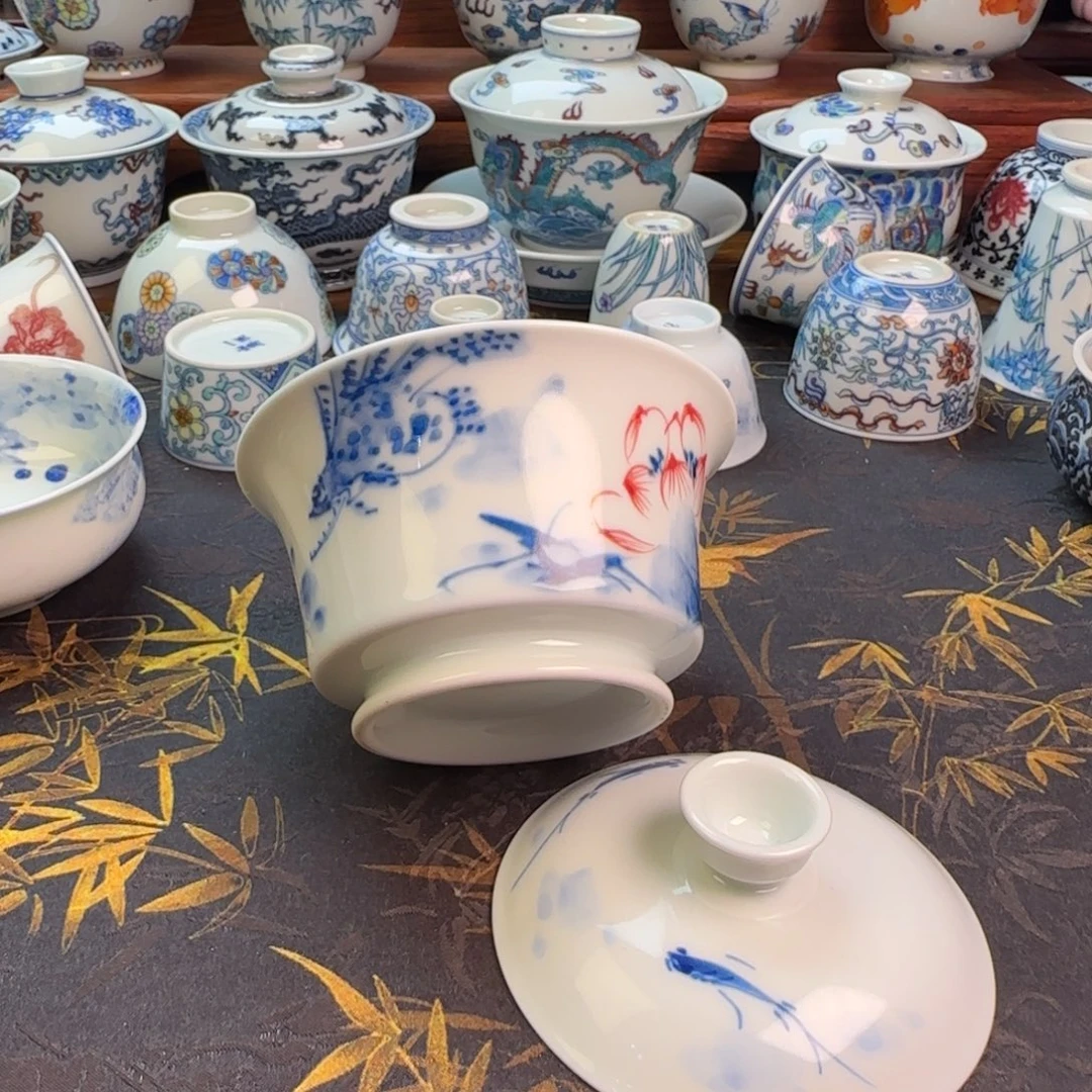 荷花鳜鱼盖碗一个杯杯杯杯杯